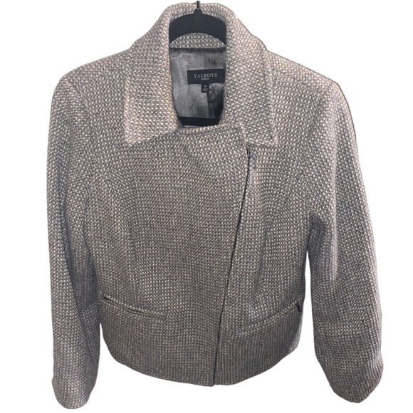 Talbots Wool Tweed Moto Zip Blazer Suit Jacket Coat Neutral Dark Academia 12P - Picture 2 of 7